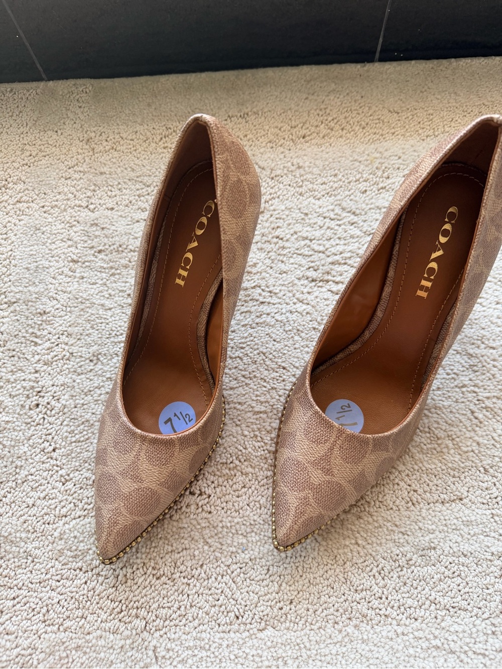 Coach Brown/Beige Signature Pointed Toe Studded Pumps - Picture 4 of 7